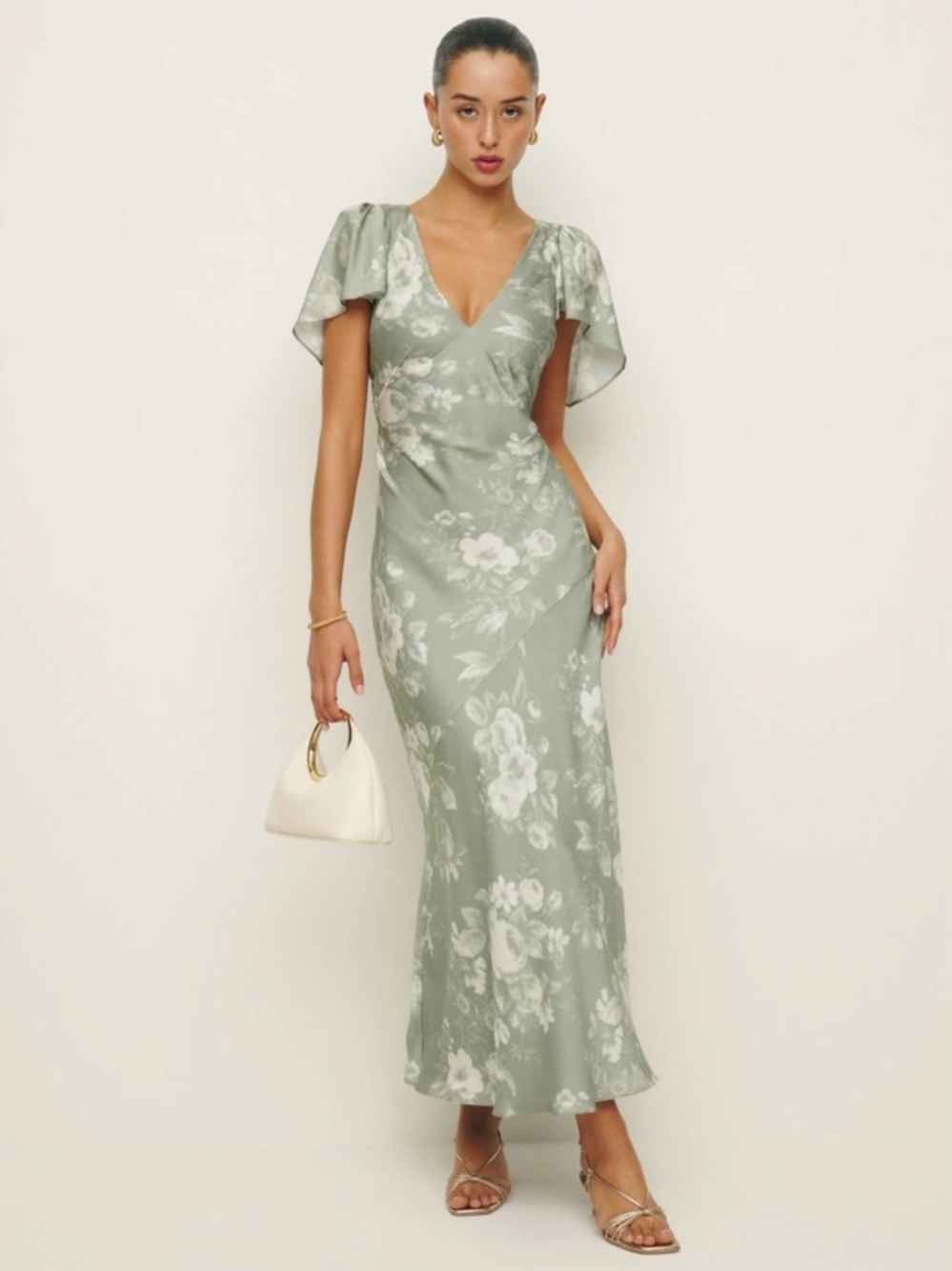 Reformation Vida Satin Dress In Vendela, Sage Green Floral Maxi Dress, Size 0